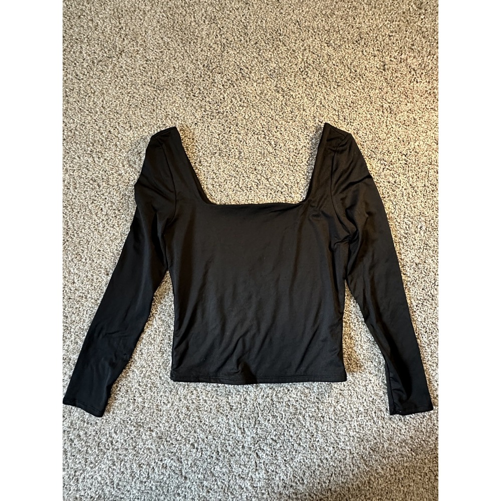The Workshop Long Sleeves Crop Top Black Size L Square Neck Fitted Whimsygoth